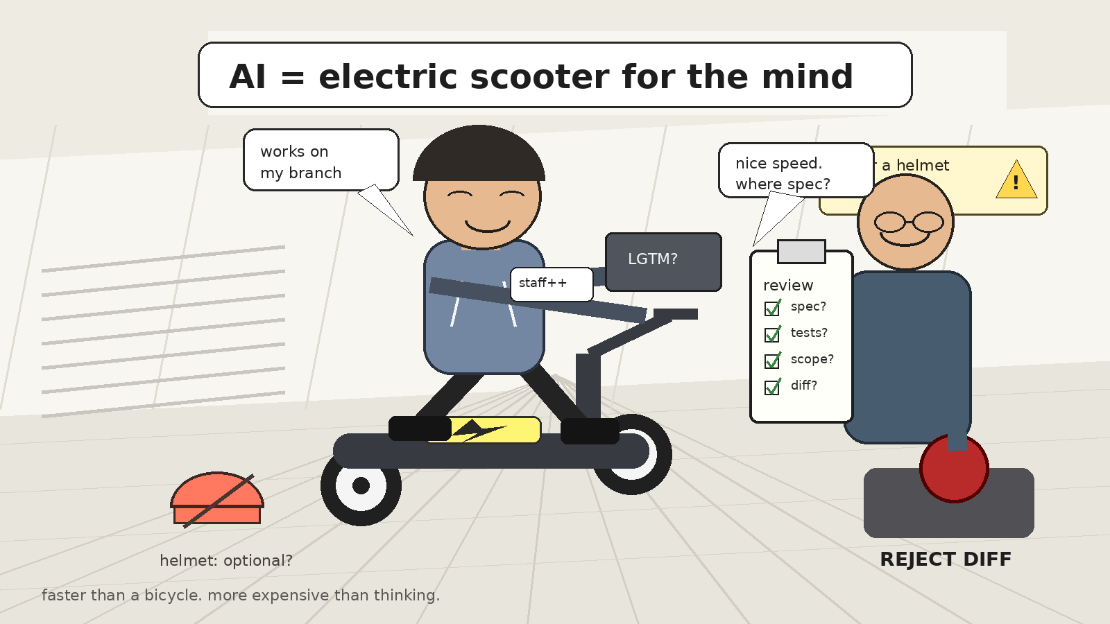 AI as an electric scooter for the mind: faster, useful, and very capable of hitting the pole faster.