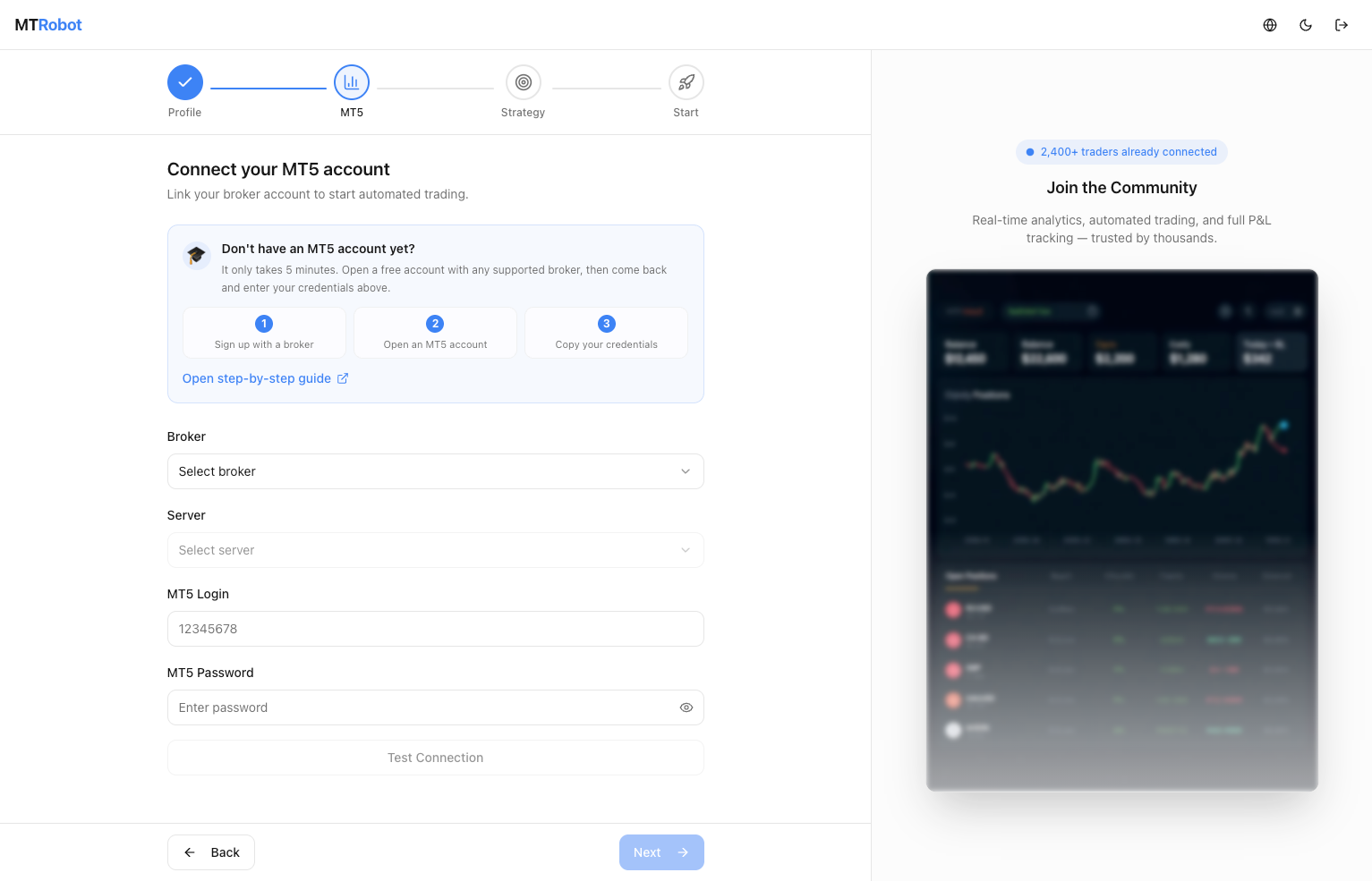 MTRobot onboarding — connecting your MT5 account