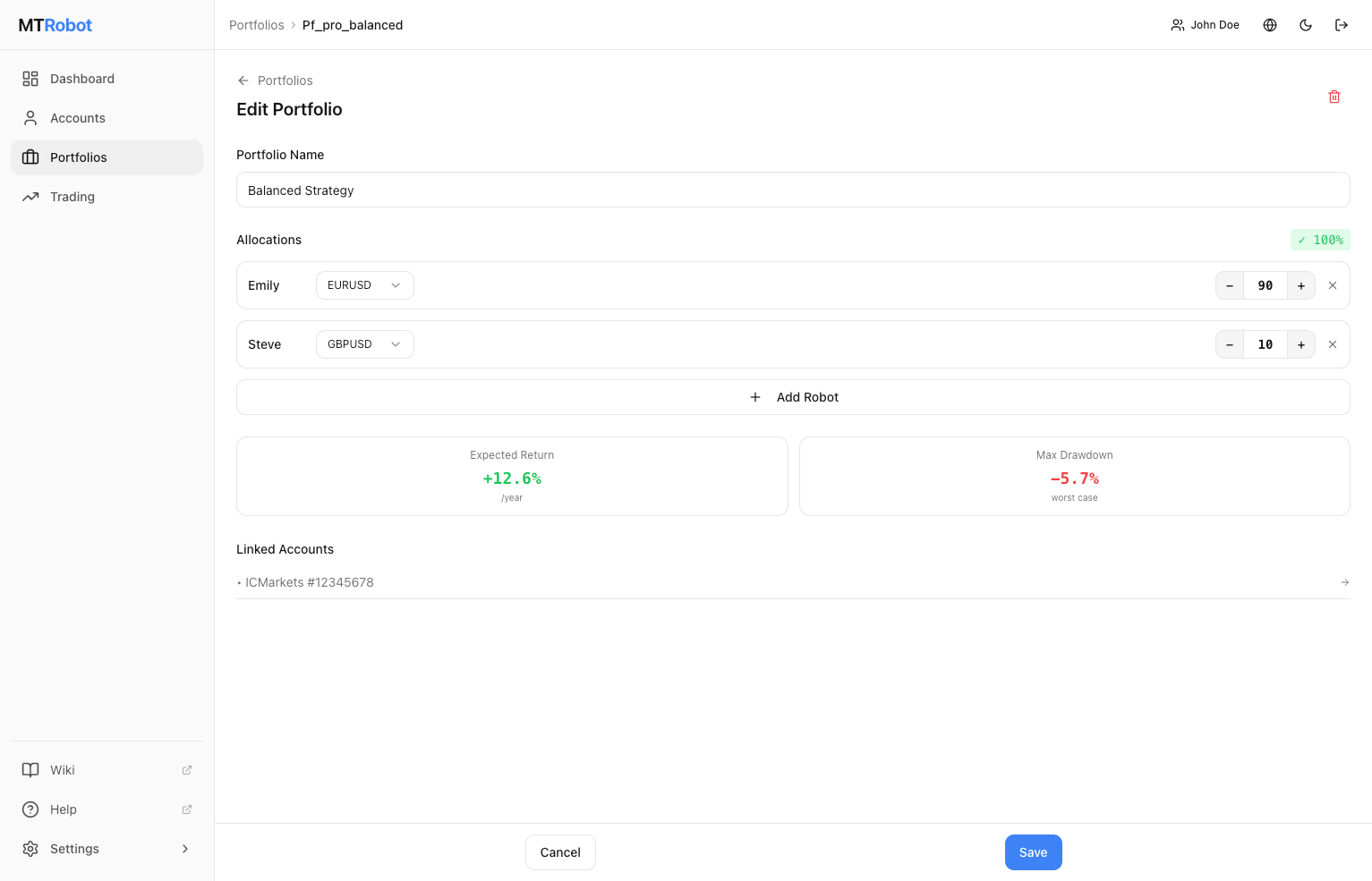 MTRobot Portfolio Builder — selecting robots and allocating capital
